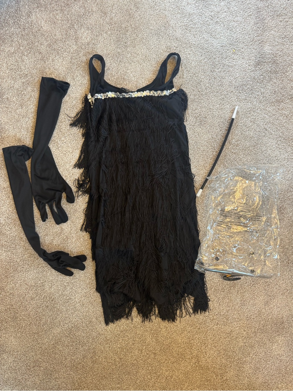 Black Fringe Flapper Womens Costume Dress with Gloves